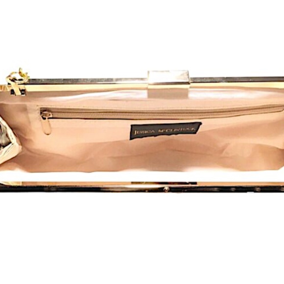 Jessica McClintock Clutch Bag Gold Chain Clasp Rectangle Inside Pocket Zipper - Picture 5 of 14